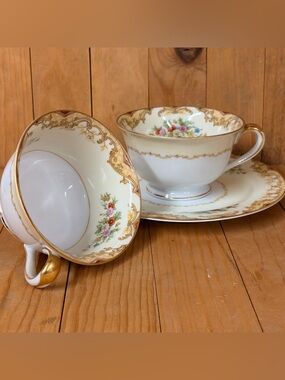 Vintage Noritake M Collection Floral Plate and Two Teacups Japan Lot of 3